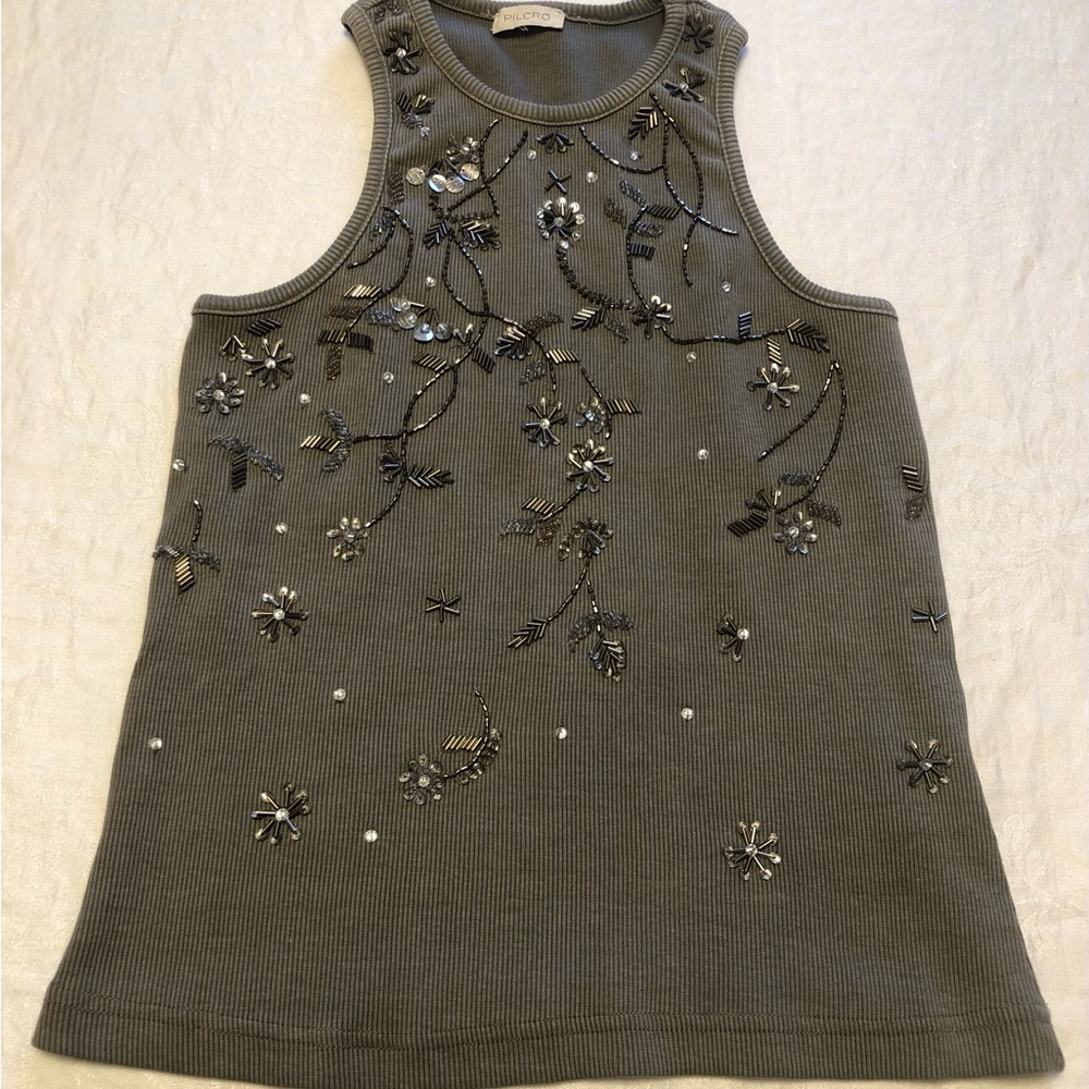 Pilcro Olive/Dark Grey Ribbed Halter Tank with Embellishment